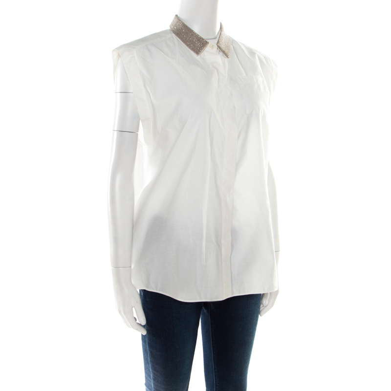 

Brunello Cucinelli Off White Monili Collar Detail Sleeveless Shirt