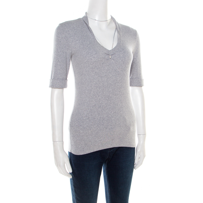 

Brunello Cucinelli Grey Ribbed Cotton Sparkle Bead Embellished Top