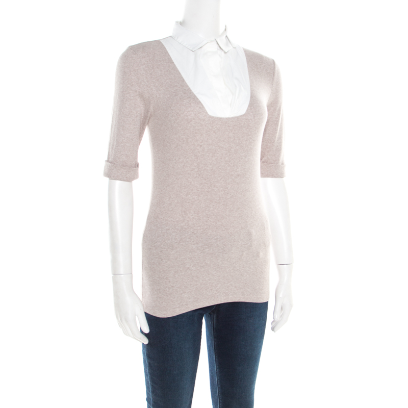 

Brunello Cucinelli Beige Collar Yoke Ribbed Sweater Top