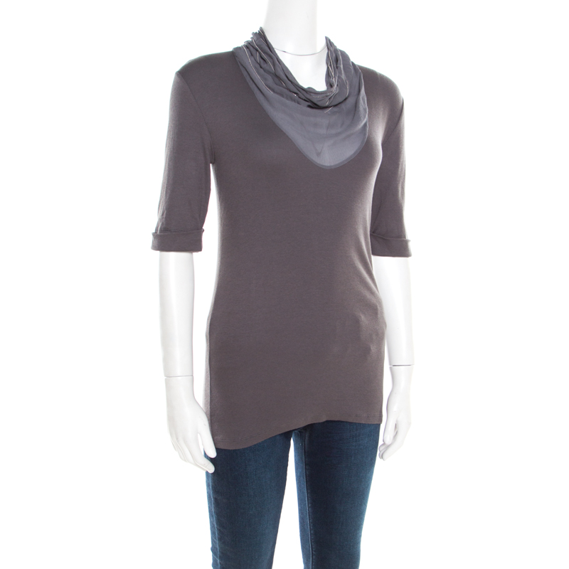 

Brunello Cucinelli Dark Grey Cotton Rib Knit Monili Trim Cowl Neck Top