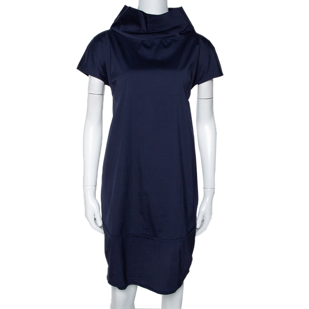 Pre Owned Brunello Cucinelli Navy Blue Stretch Cotton Shift Dress L