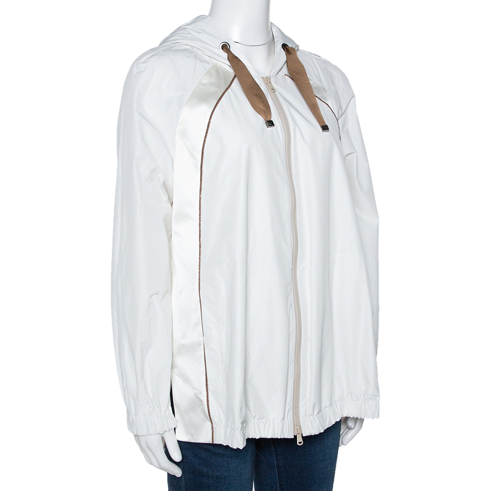 

Brunello Cucinelli White Cotton & Linen Trim Hooded Windbreaker