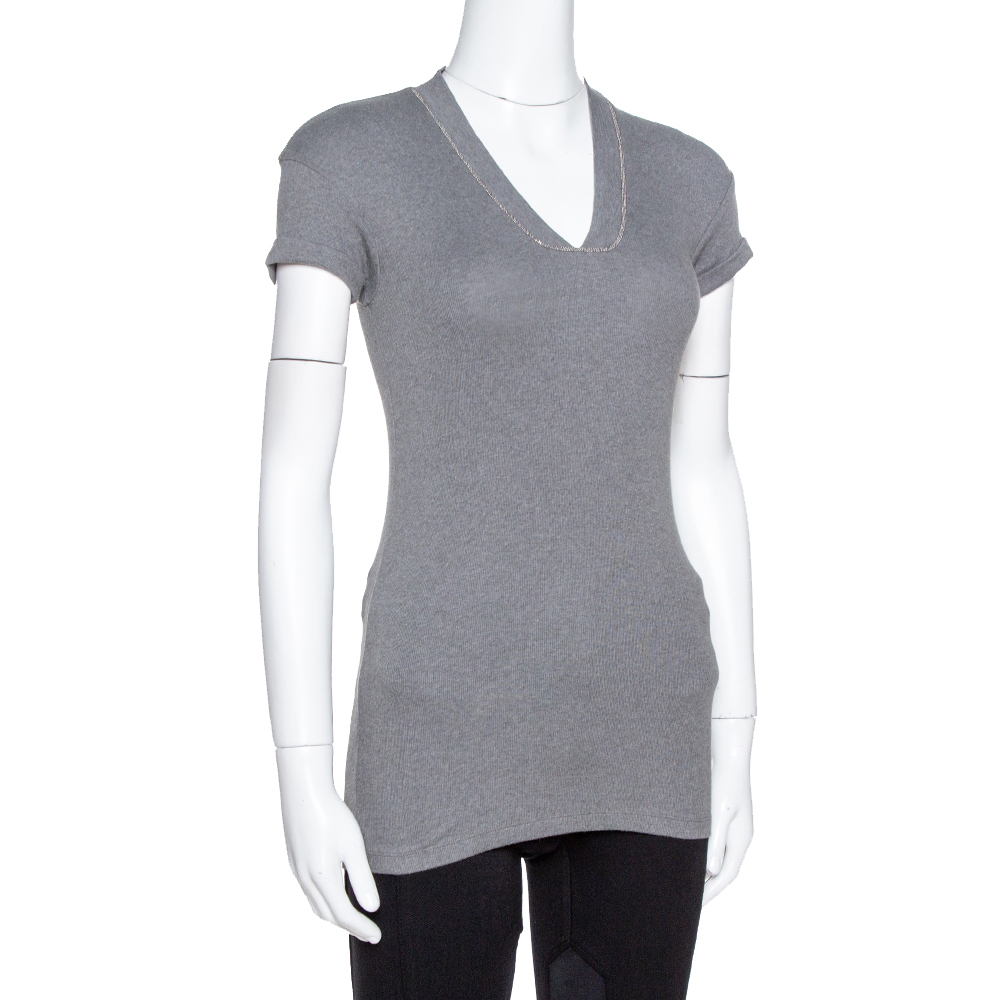 

Brunello Cuccinelli Grey Rib Knit Beaded Neck Fitted Top