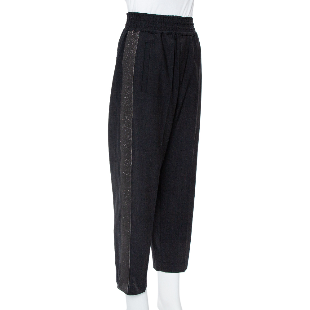 

Brunello Cucinelli Black Wool Lurex Trim Elasticized Waist Detail Pants