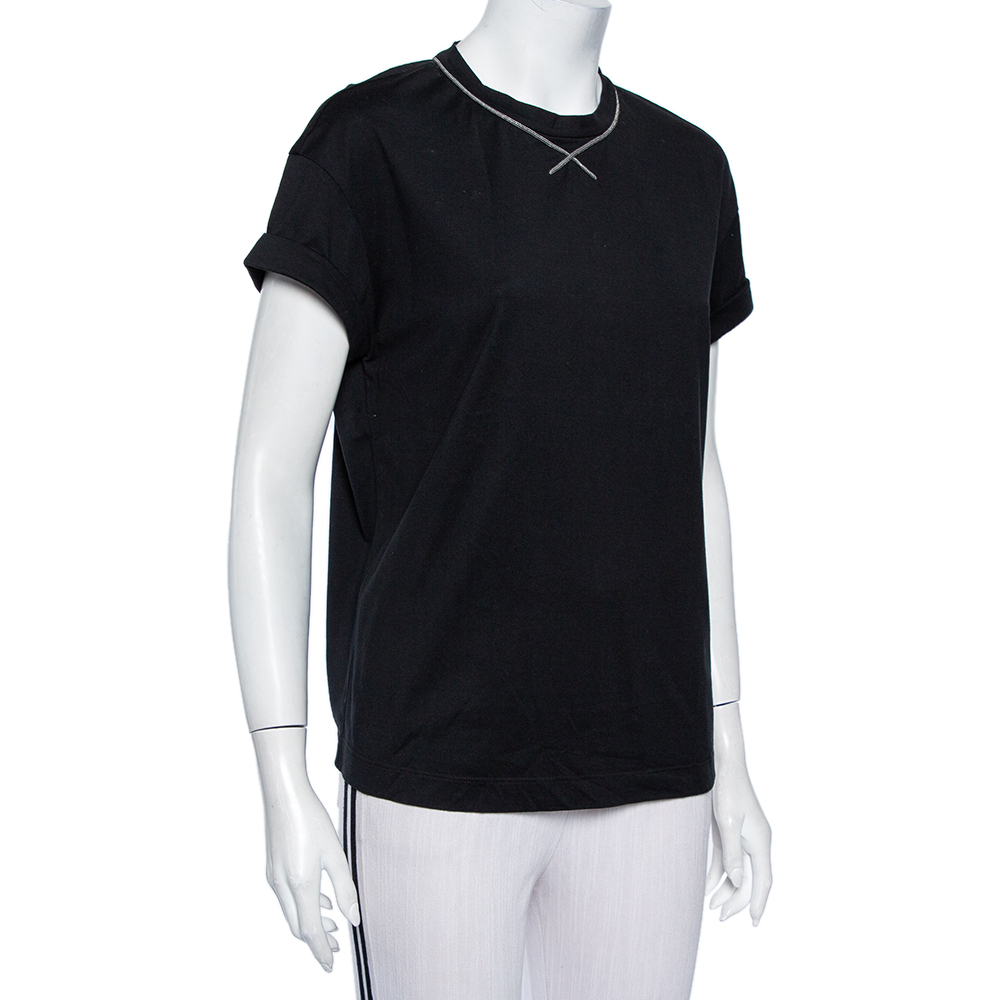 

Brunello Cucinelli Black Cotton Emnbellished Neck T-Shirt