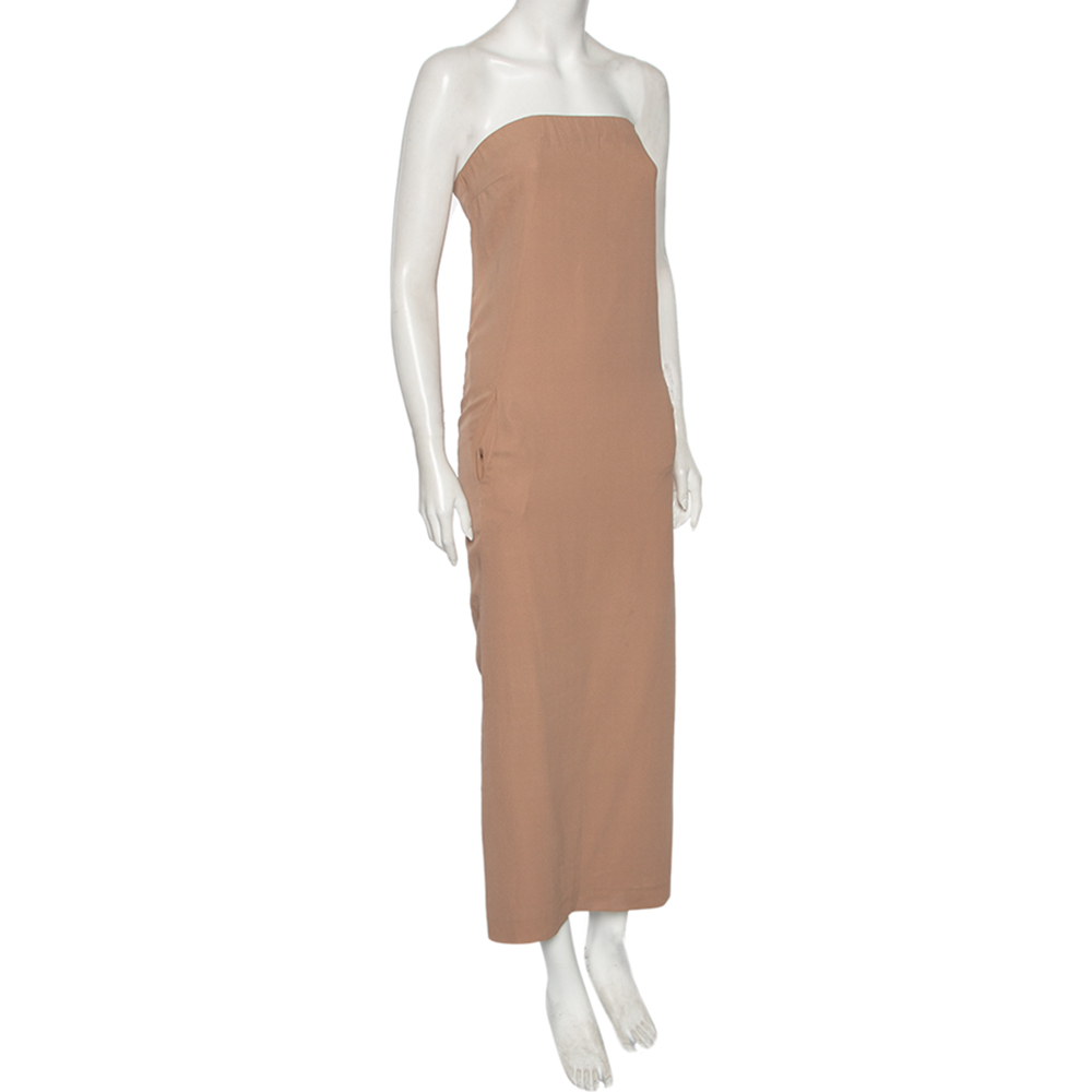

Brunello Cucinelli Nude Pink Silk Back Slit Detailed Strapless Midi Dress
