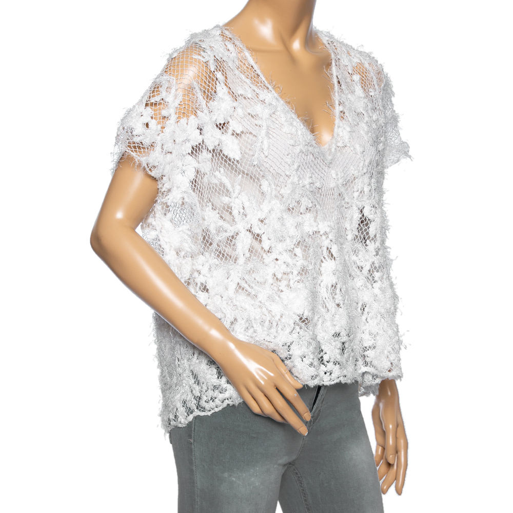 

Brunello Cucinelli Off White Floral Embroidered & Embellished Open Knit Top