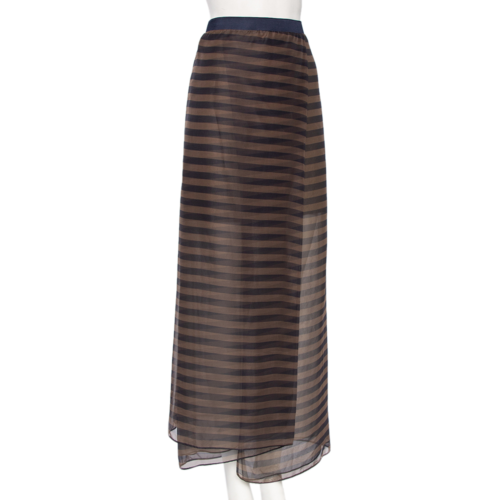 

Brunello Cucinelli Brown & Blue Striped Sheer Silk Maxi Skirt