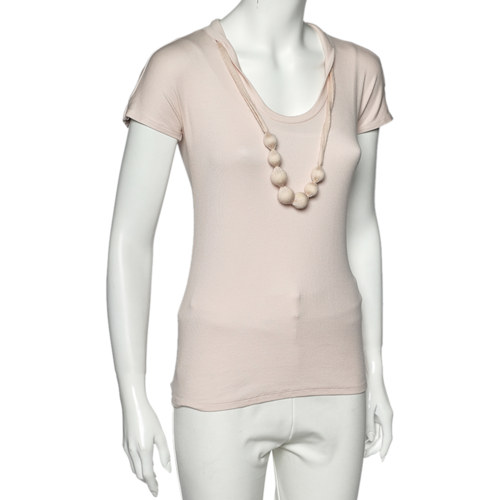 

Brunello Cucinelli Pink Cashmere and Cotton Knit Neck Trim Detail T-Shirt