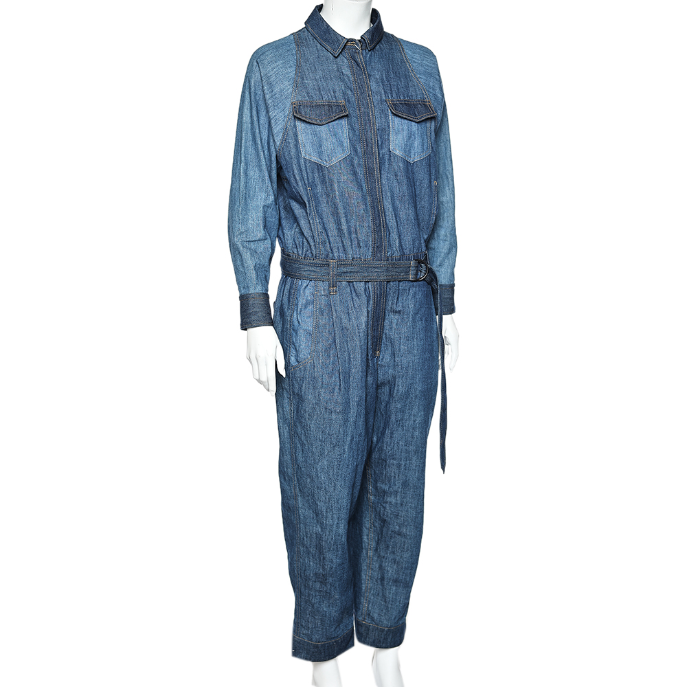 

Brunello Cucinelli Navy Blue Denim Embellished Pocket Belted Jumpsuit