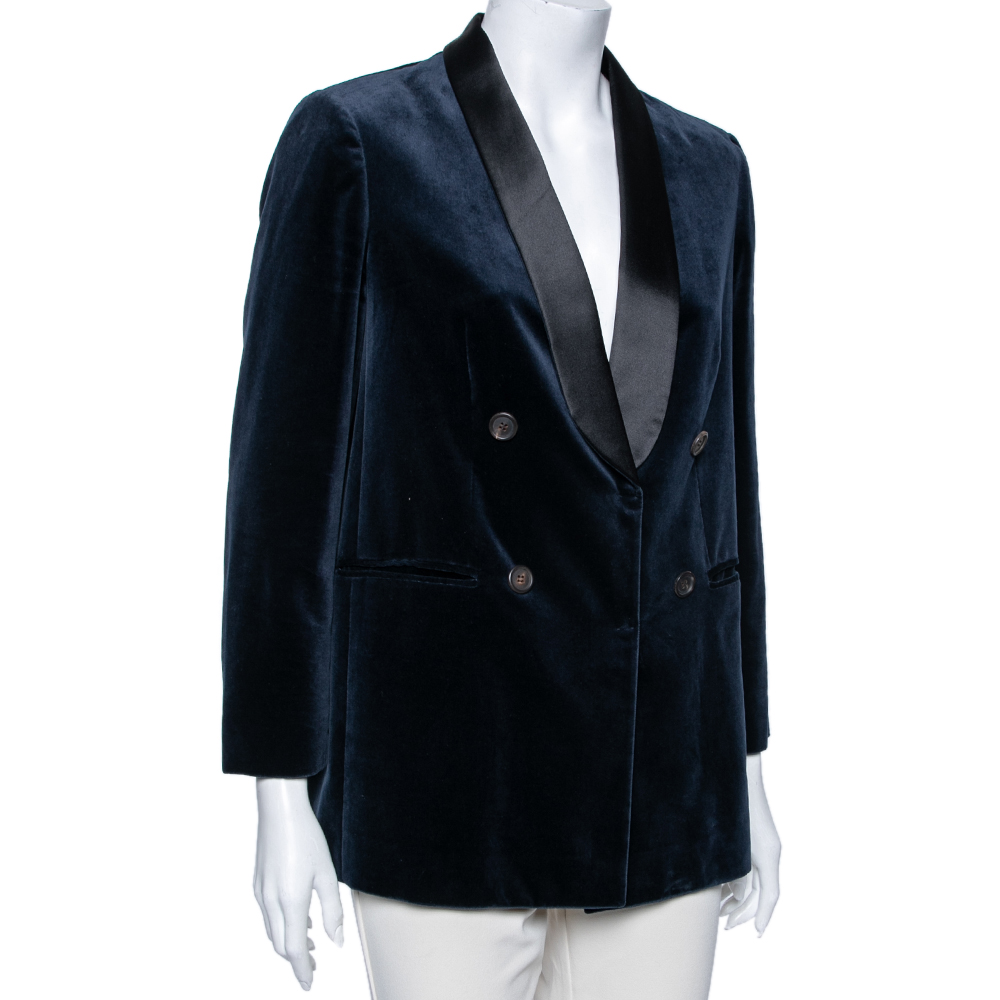 

Brunello Cucinelli Blue Velvet & Satin Lapel Detailed Double Breasted Blazer