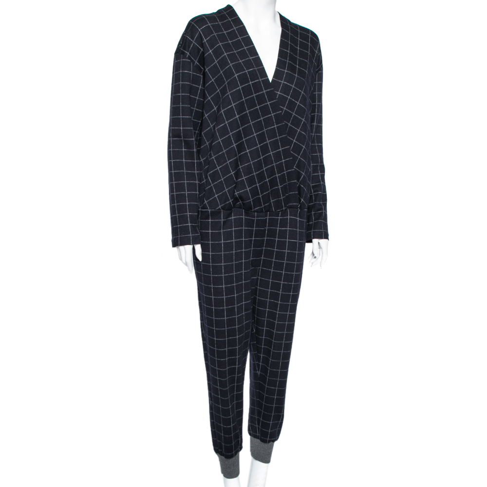 

Brunello Cucinelli Navy Blue Checkered Wool Jumpsuit