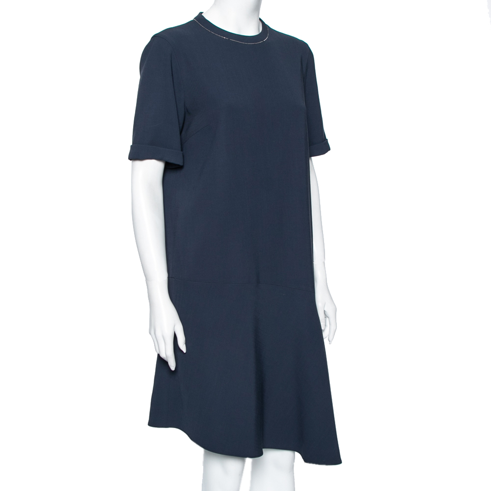 

Brunello Cucinelli Navy Blue Wool Embellished Neck Detail Dress