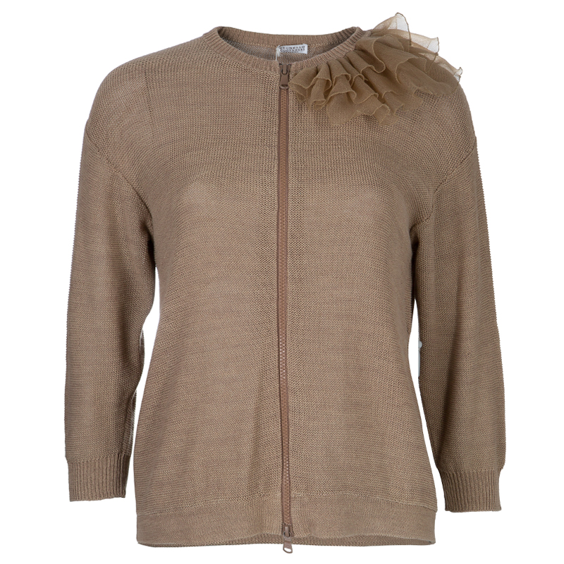 Pre Owned Brunello Cucinelli Gold Ruffle Detail Zipper Cardigan M