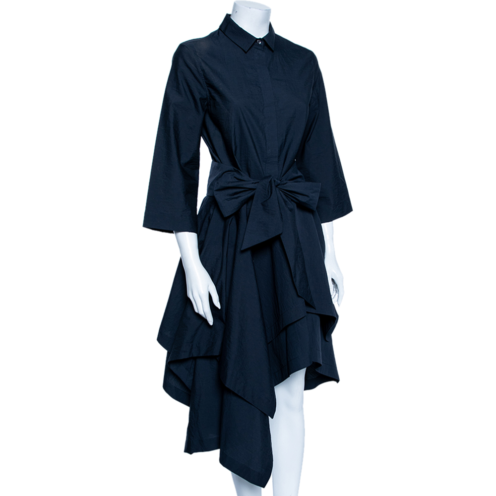 

Brunello Cucinelli Navy Blue Cotton Asymmetrical Belted Dress