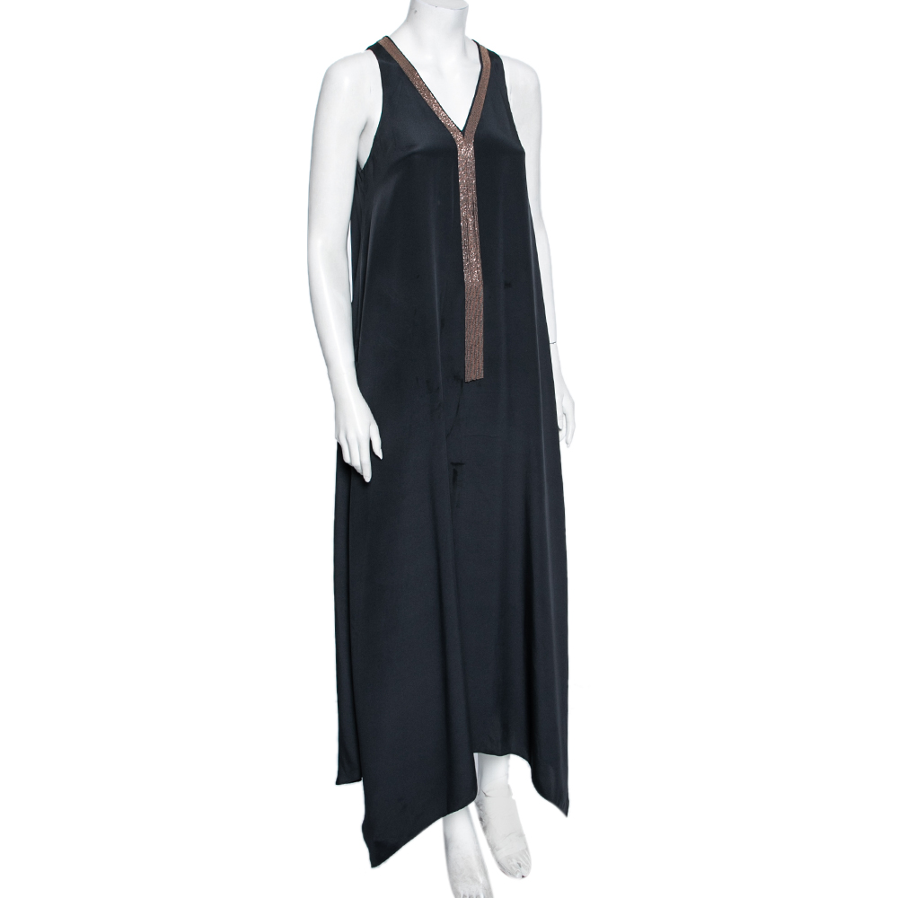 

Brunello Cucinelli Charcoal Grey Silk Bead Embellished Neck Detail Sleeveless Maxi Dress