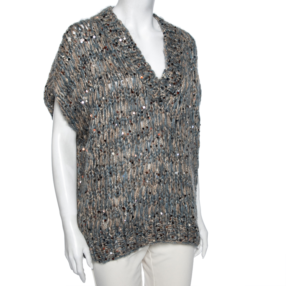 

Brunello Cucinelli Blue & Beige Knit Mohair & Sequin Embellished Jumper