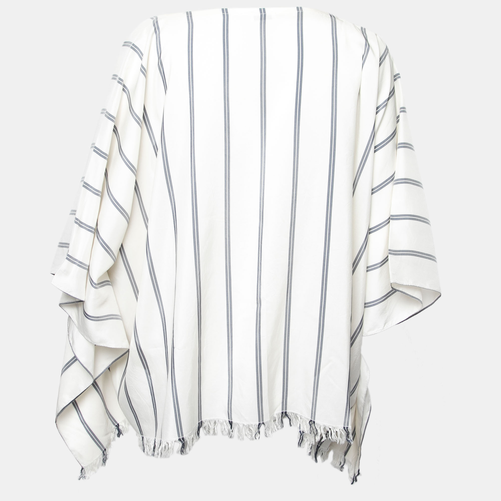 

Brunello Cucinelli White Striped Silk Fringe Hem Poncho Top