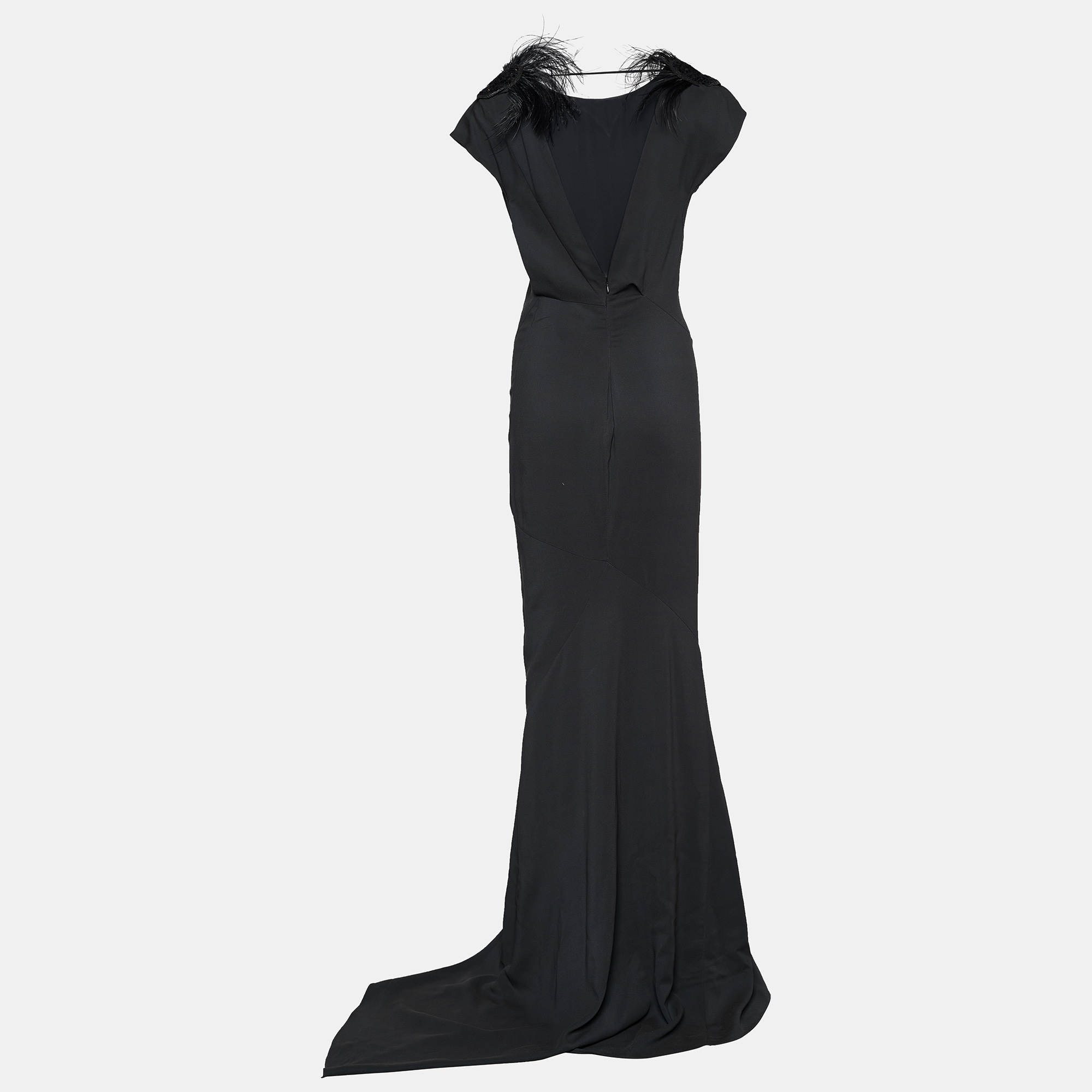 

Brunello Cucinelli Dark Grey Crepe Feather Epaulette Detail Maxi Dress