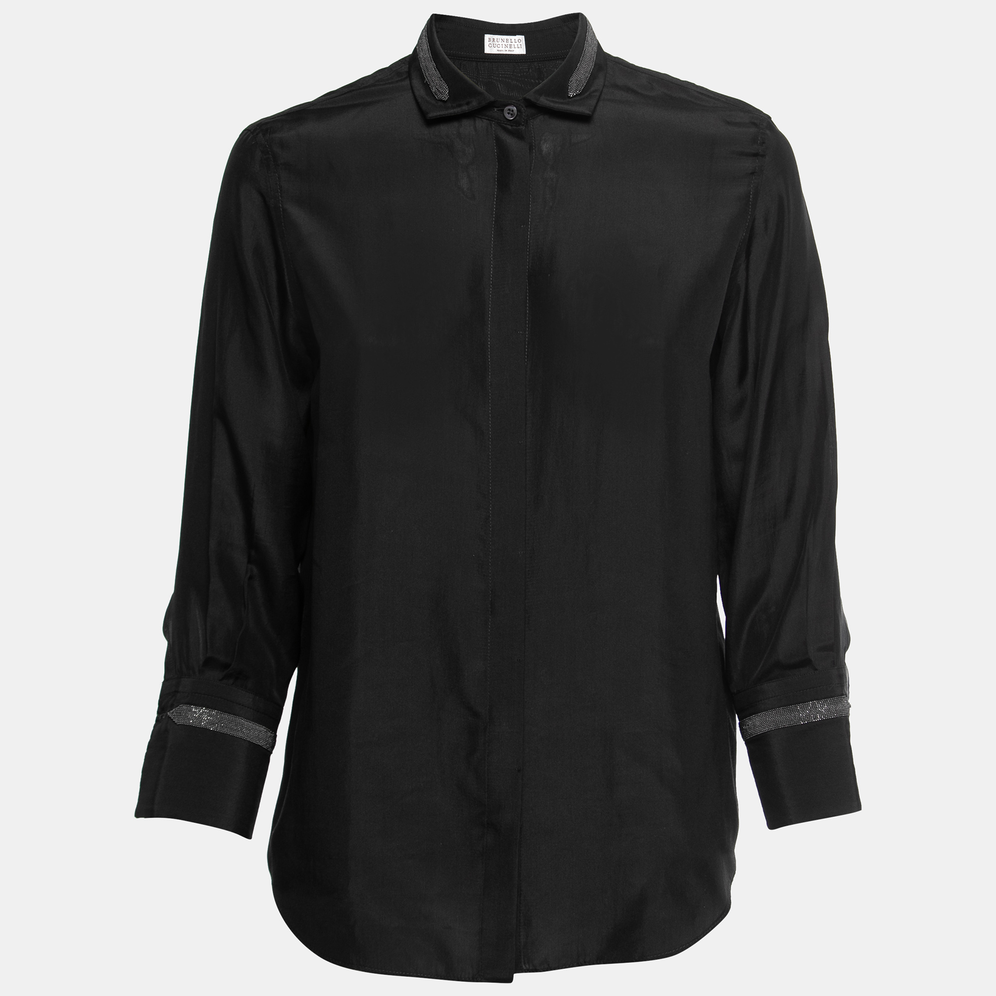 مملوكة مسبقًا Brunello Cucinelli Black Silk Embellished Concealed Button Shirt S