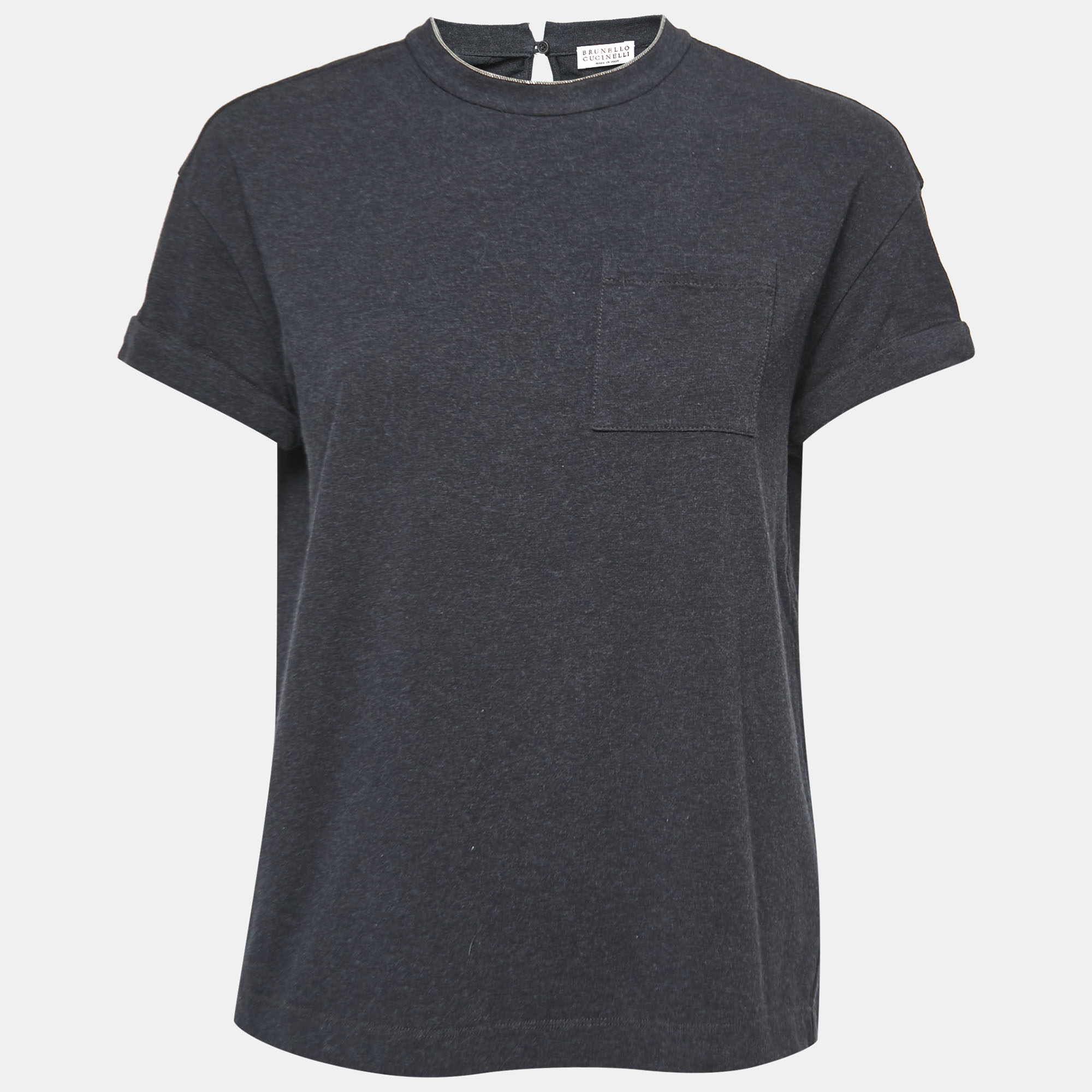 Pre Owned Brunello Cucinelli Black Jersey Embellished Round Neck T-Shirt M