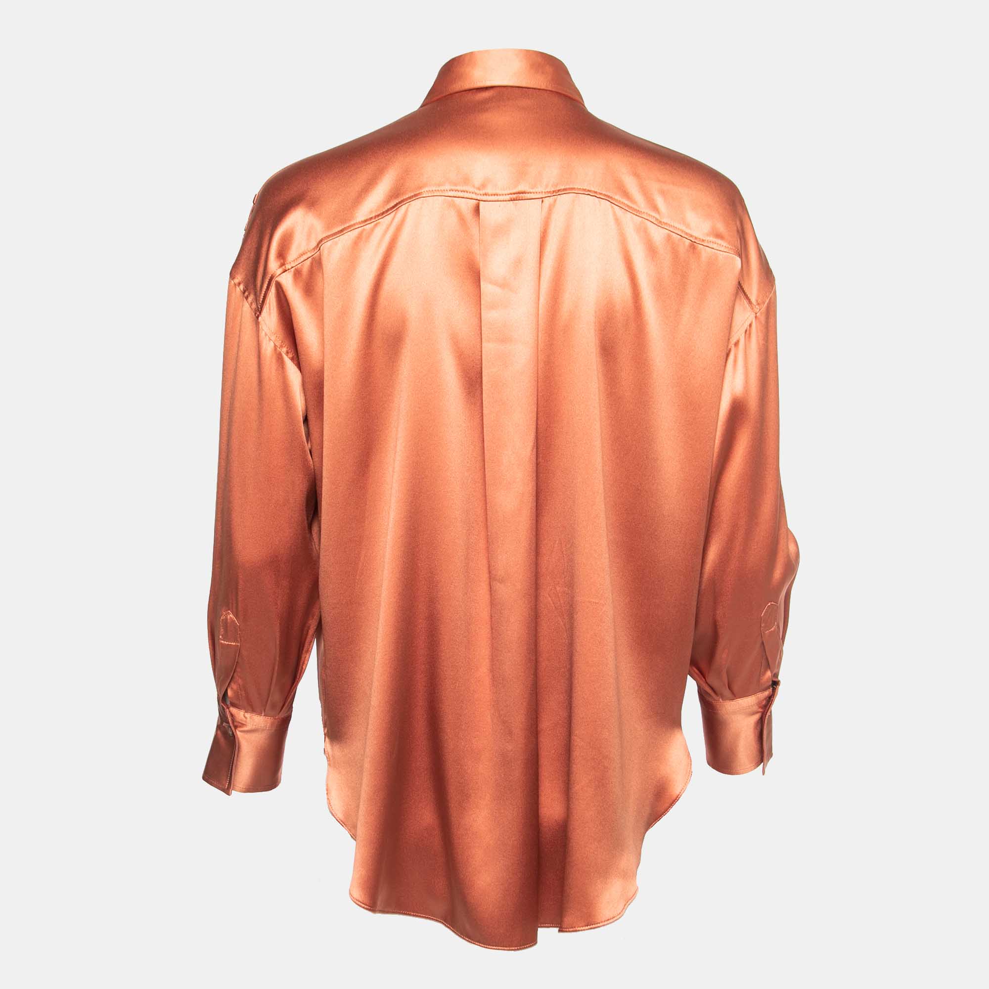 

Brunello Cucinelli Orange Silk Embellished Button Front Shirt