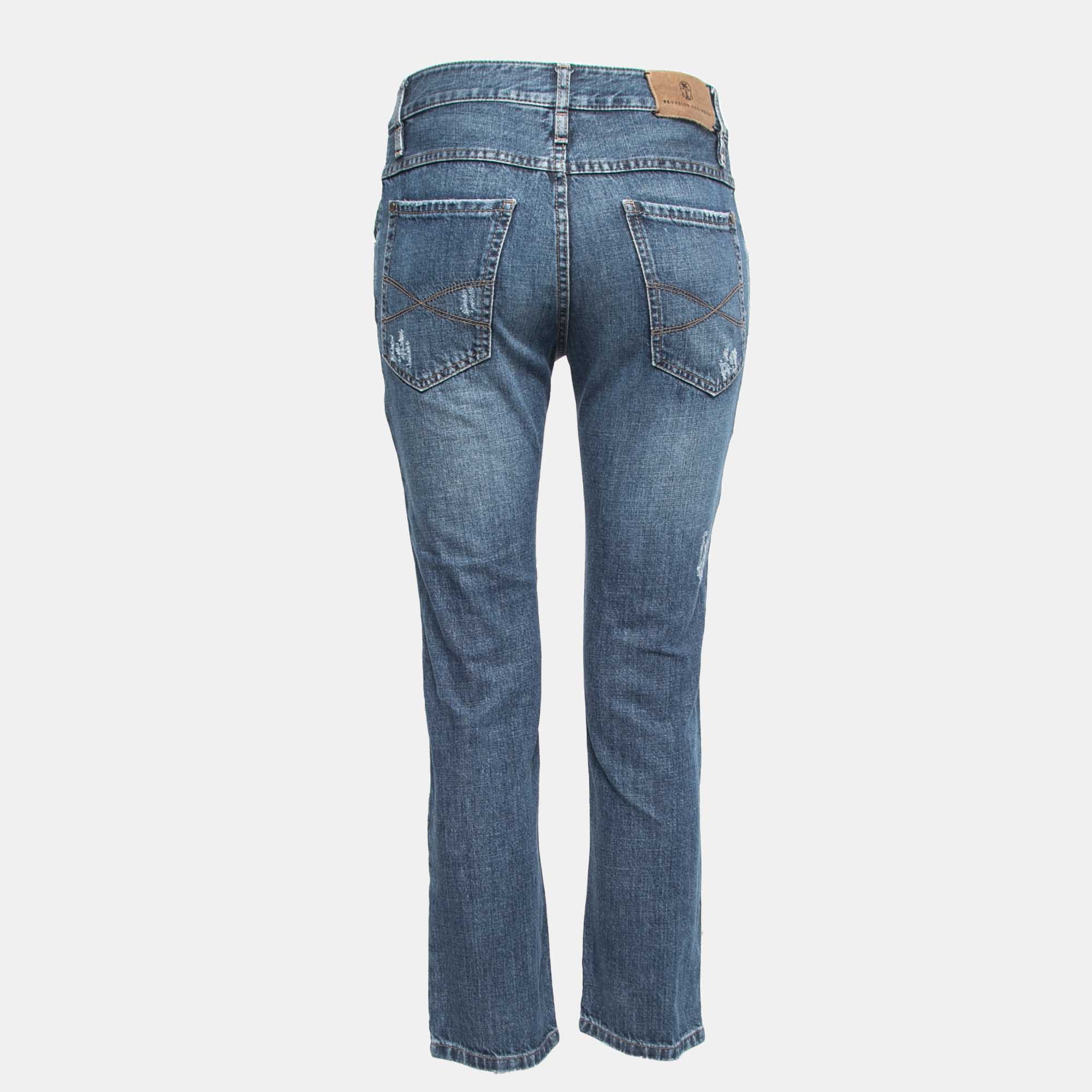 

Brunello Cucinelli Blue Faded Denim Destroyed Low Slung Relaxed Jeans