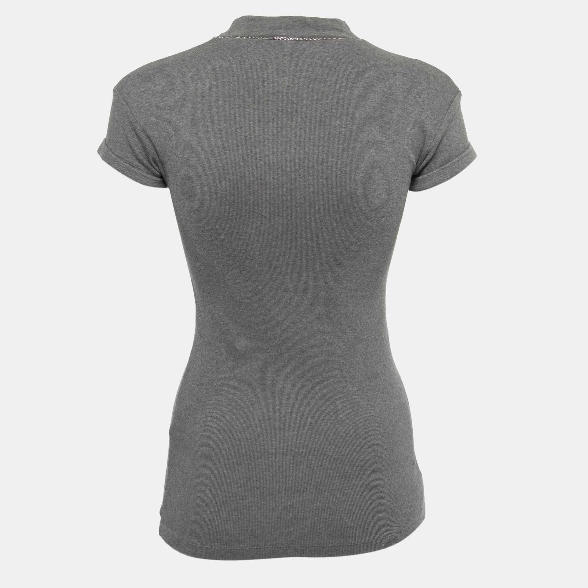 

Brunello Cucinelli Grey Cotton Knit V-Neck Half Sleeve T-Shirt