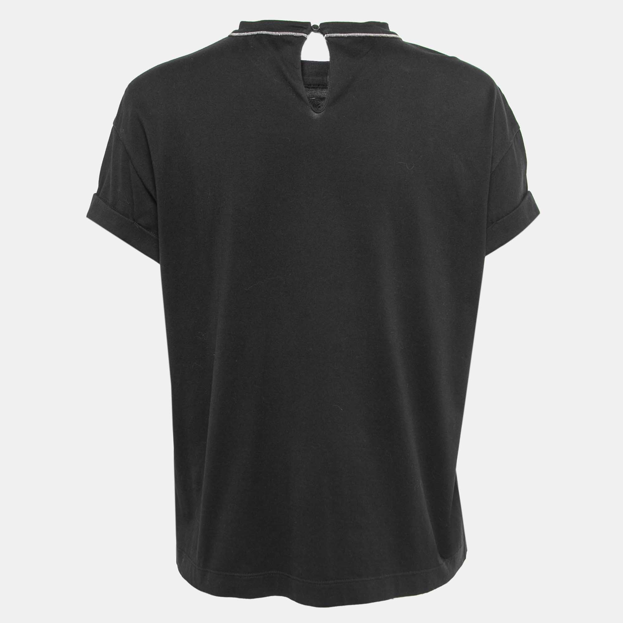 

Brunello Cucinelli Black Cotton Beaded Trim Detail T-Shirt