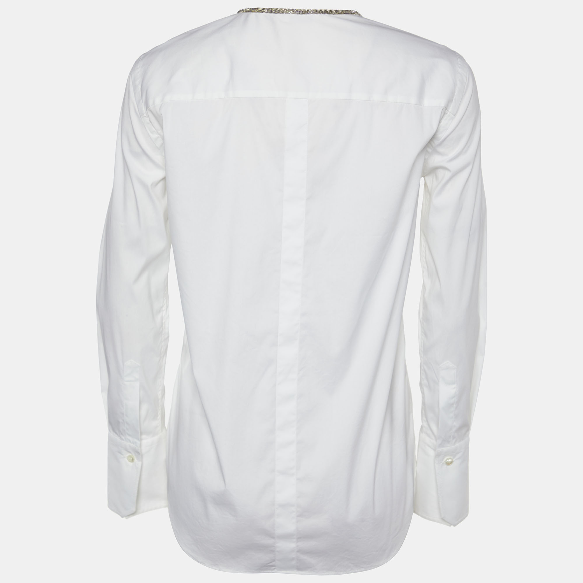 

Brunello Cucinelli White Cotton Monili Detail Collarless Shirt