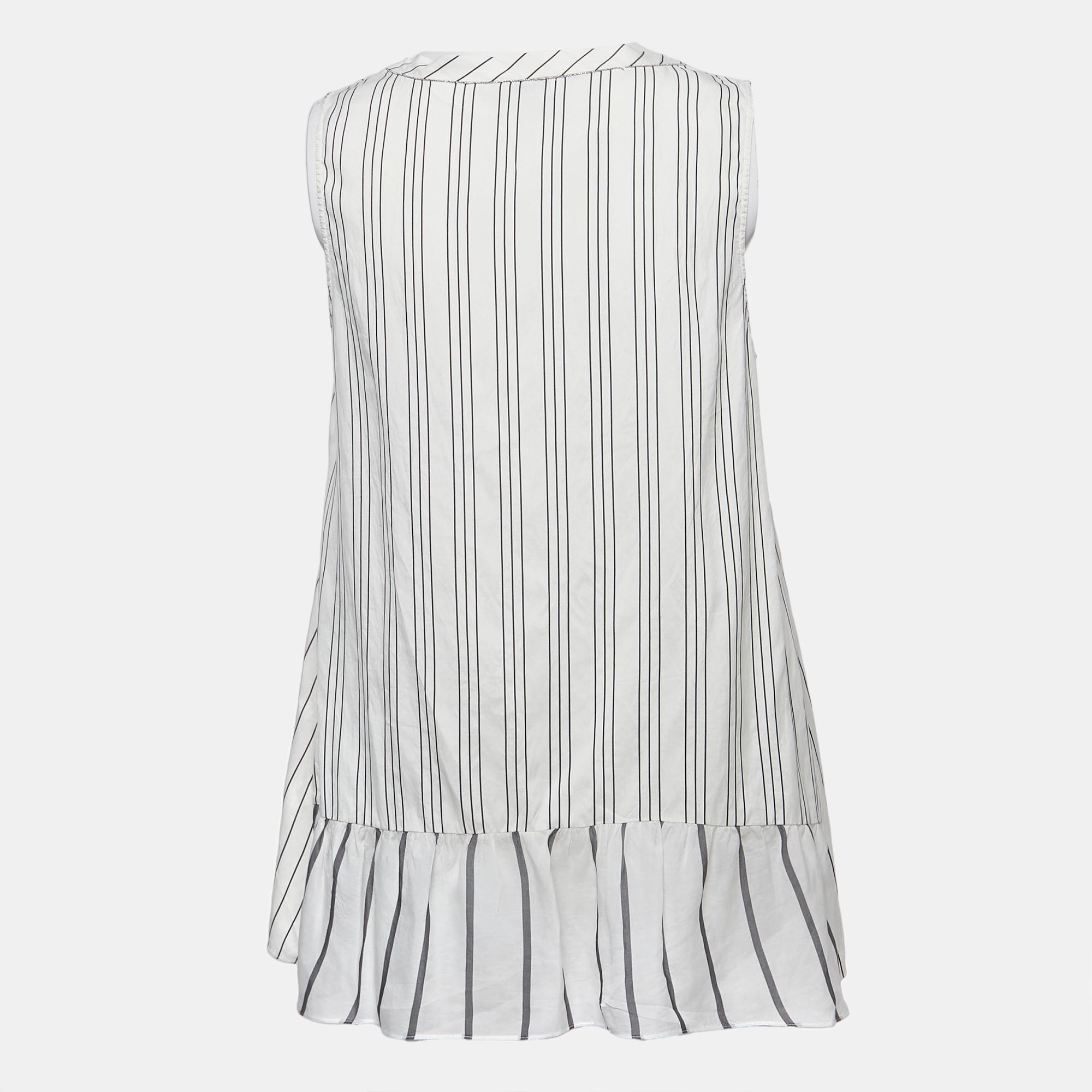 

Brunello Cucinelli Off White Striped Sleeveless A-Line Blouse