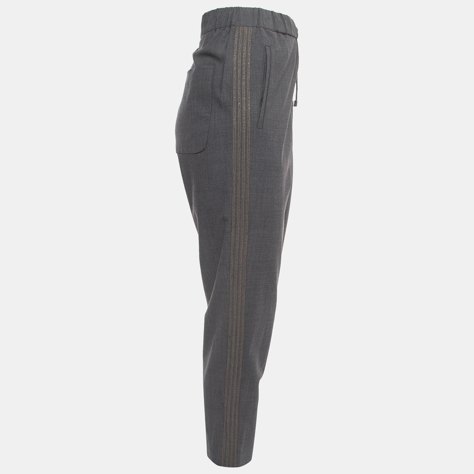 

Brunello Cucinelli Grey Wool Blend Side Stripe Detailed Drawstring Trousers