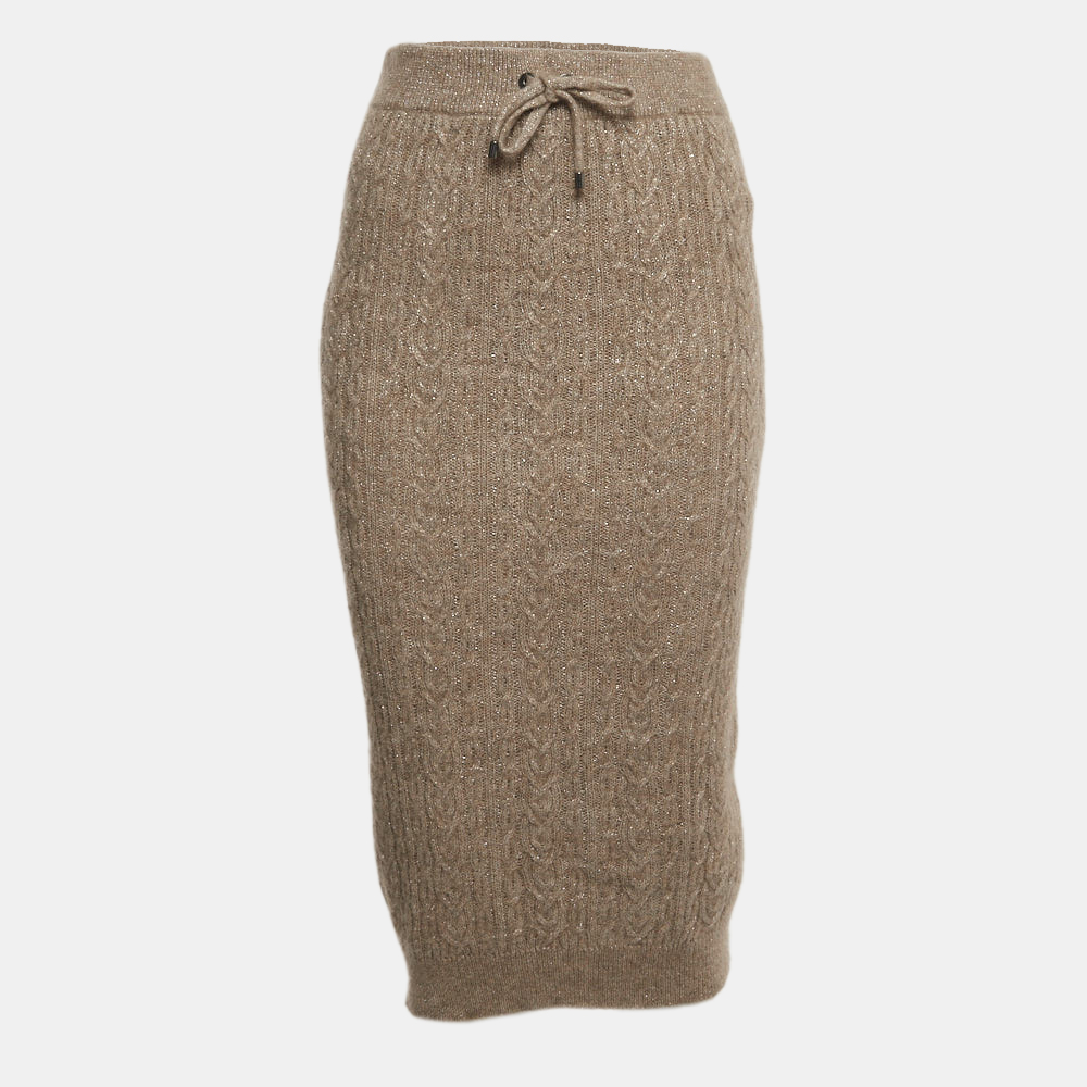 Pre-owned Brunello Cucinelli Light Brown Cable Knit Midi Skirt S
