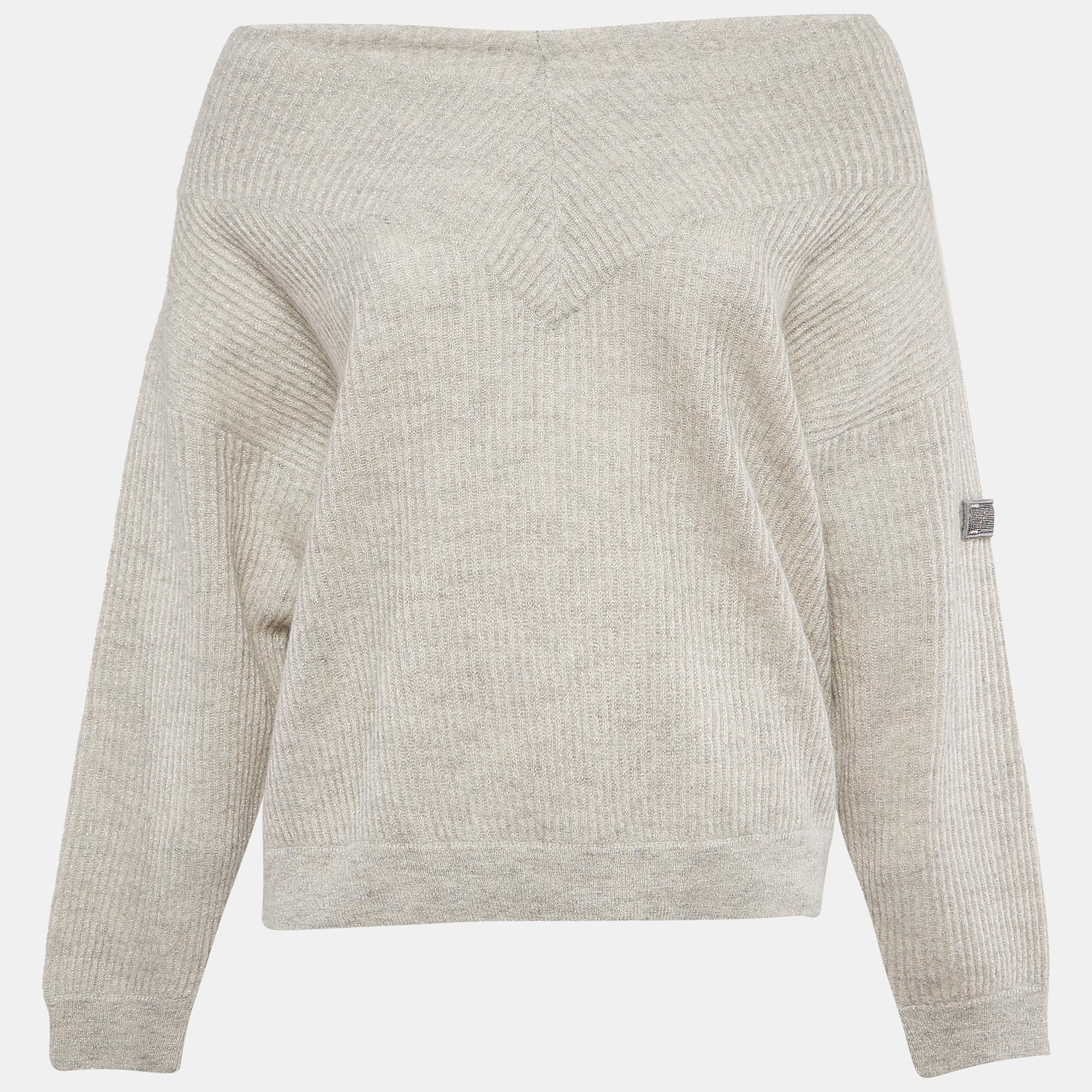 Grey Applique Lurex Knit V-Neck Sweater