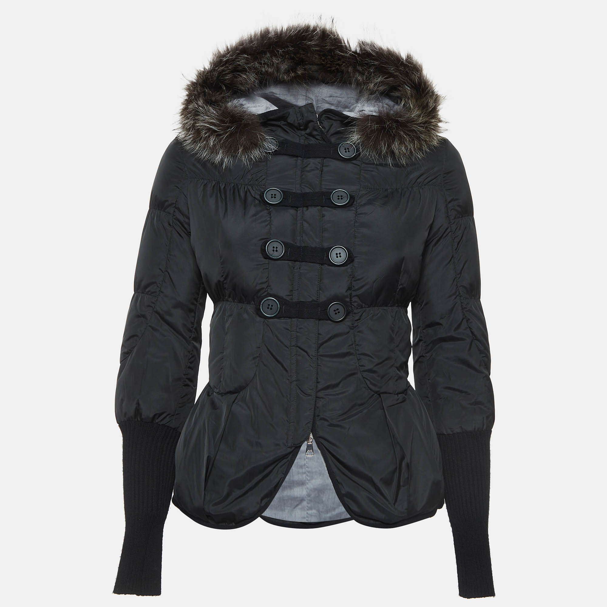 

Brunello Cucinelli Black Fur Collar Synthetic Peplum Puffer Jacket