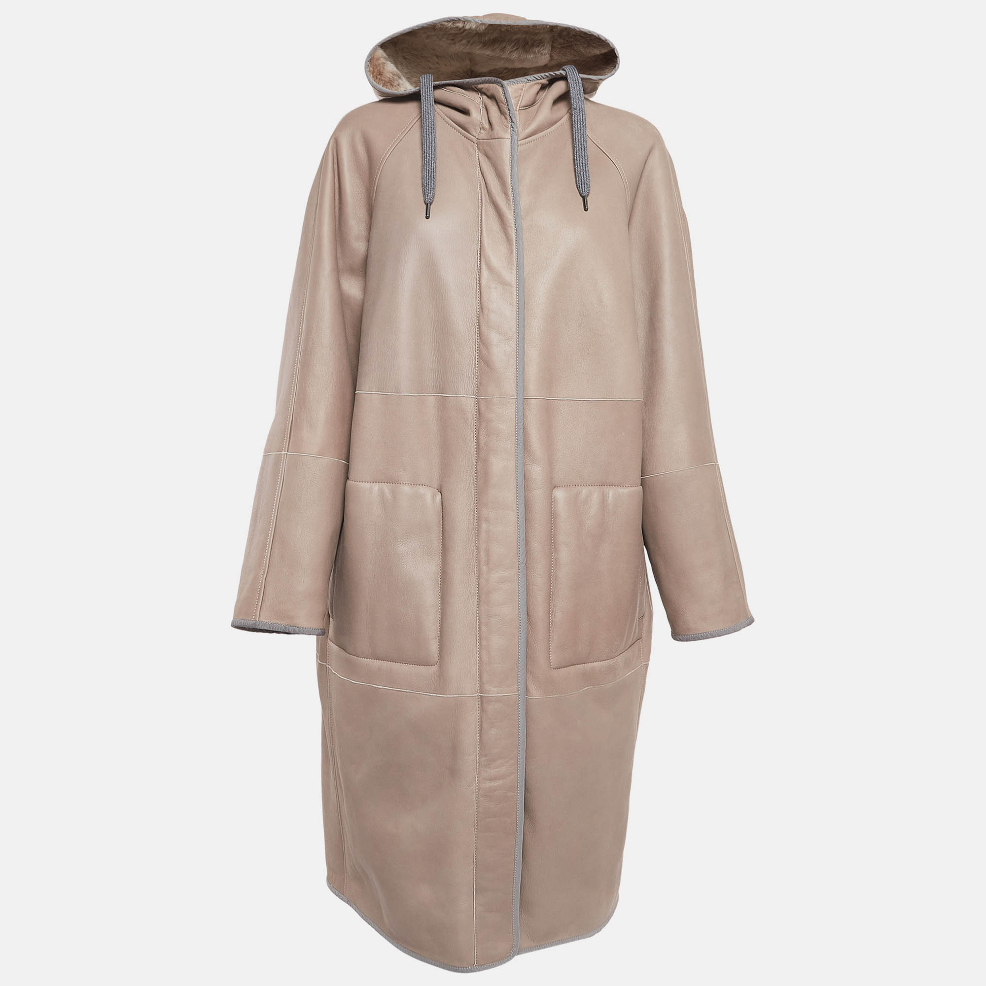 

Brunello Cucinelli Tan Reversible Hooded Shearling Coat XL
