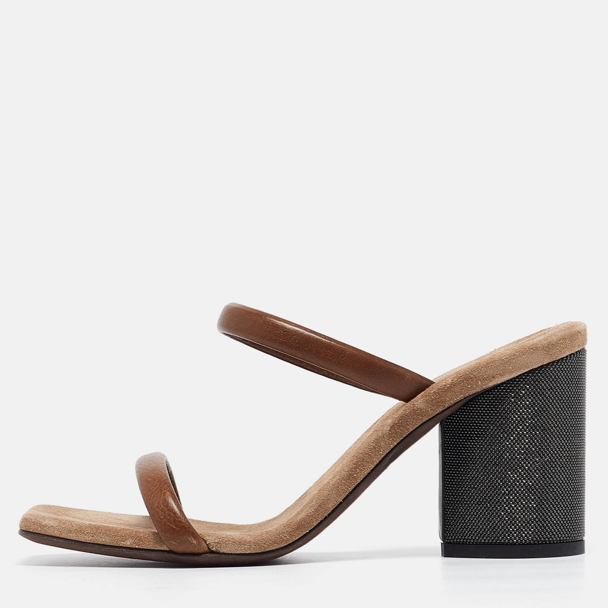 

Brunello Cucinelli Brown Leather Beaded Block Heel Slide Sandals Size