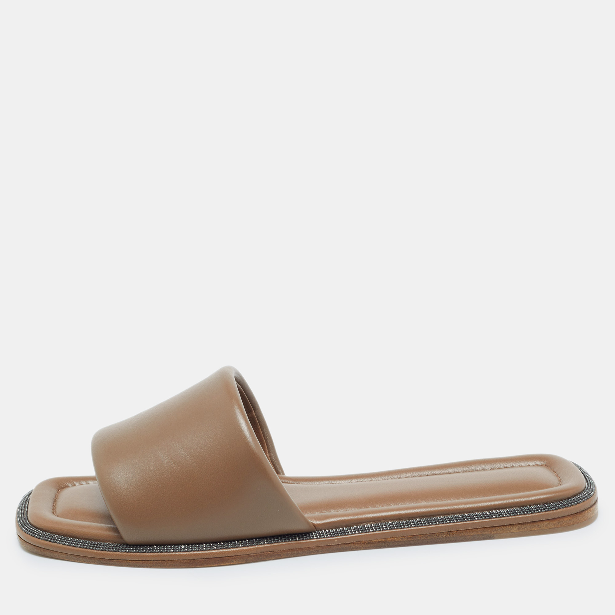 

Brunello Cucinelli Brown Leather Square Toe Flat Slide Size