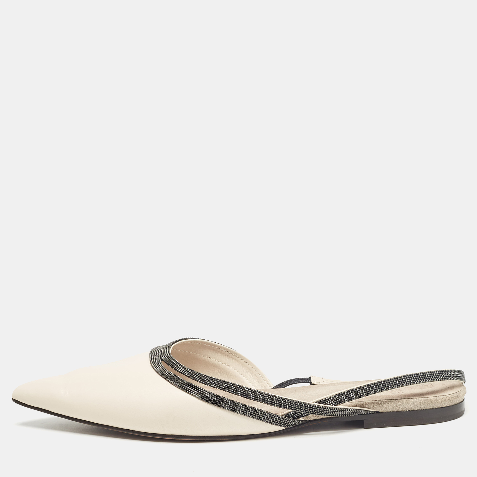 

Brunello Cucinelli Cream Leather Embellished Slingback Flats