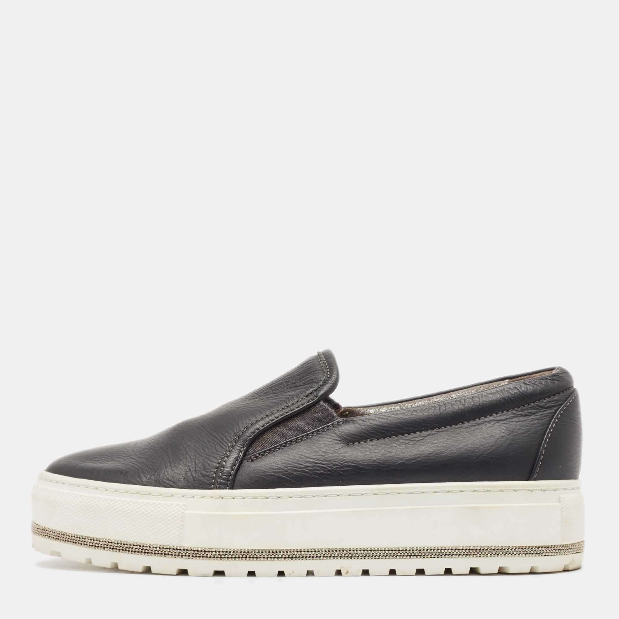 

Brunello Cucinelli Black Leather Slip On Sneakers Size