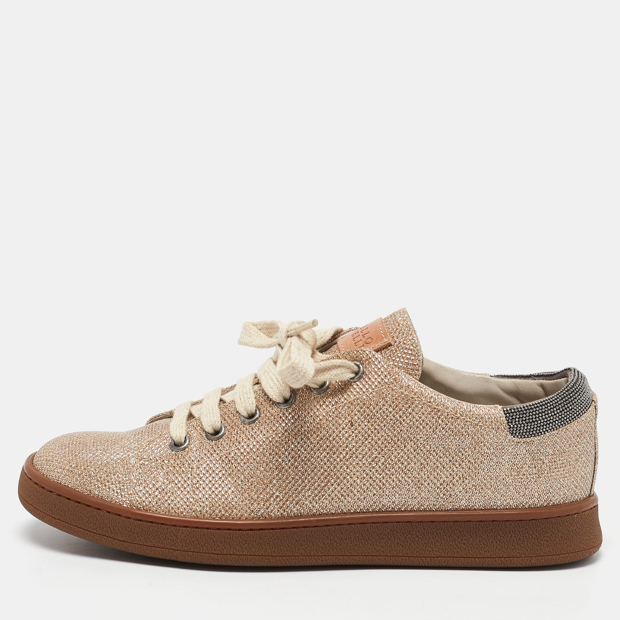 

Brunello Cucinelli Beige Glitter Fabric Low Top Sneakers Size