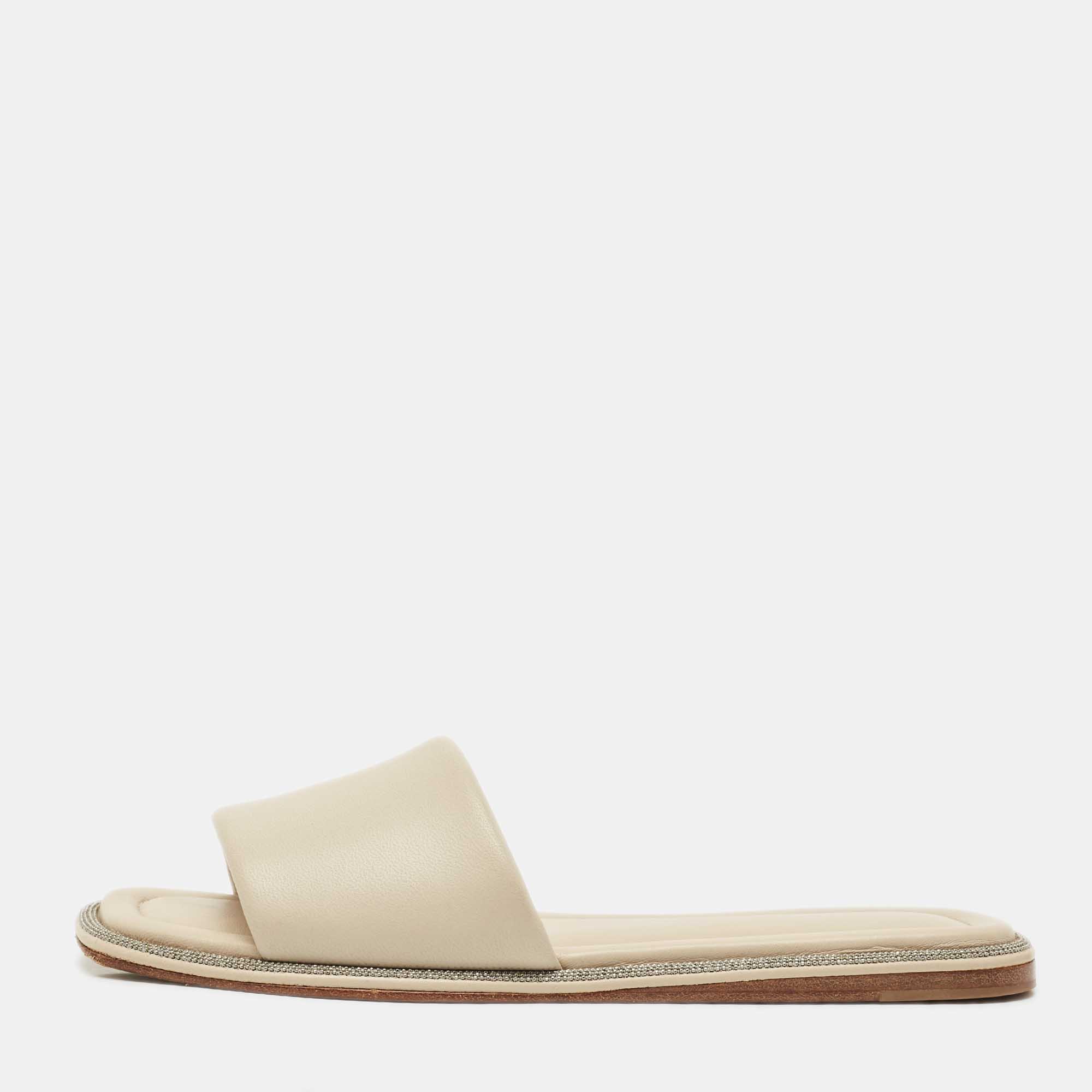 Pre-owned Brunello Cucinelli Grey Leather Square Toe Flat Slide Size 38 In Gray