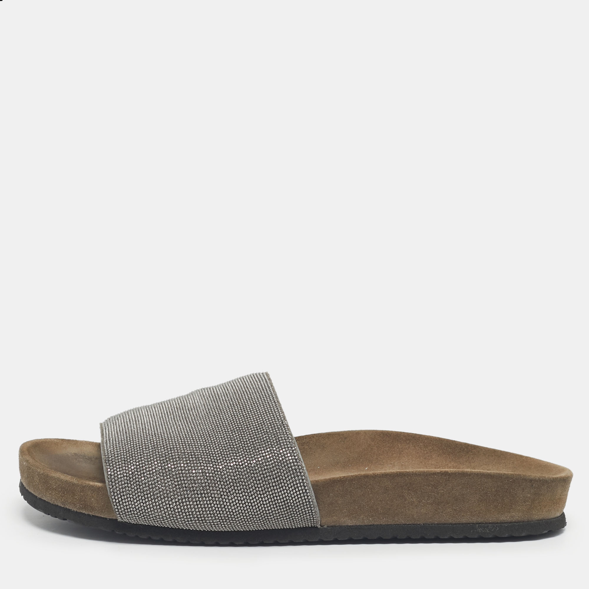 Pre-owned Brunello Cucinelli Silver Metal And Suede Monili Flat Slides Size 38