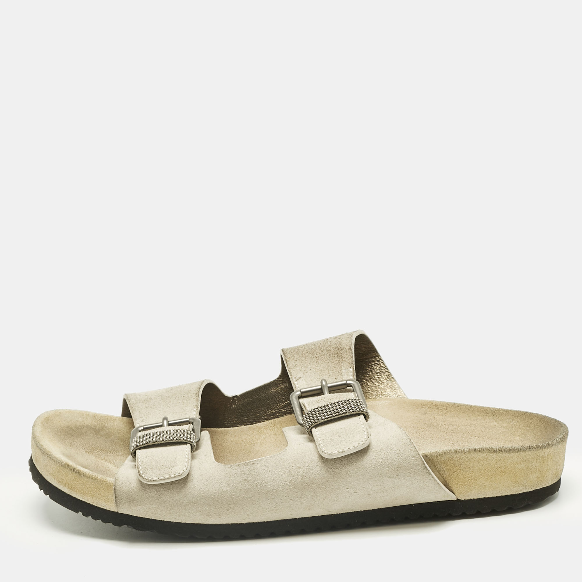 Pre-owned Brunello Cucinelli Off White Suede Flat Slide Sandals Size 38.5