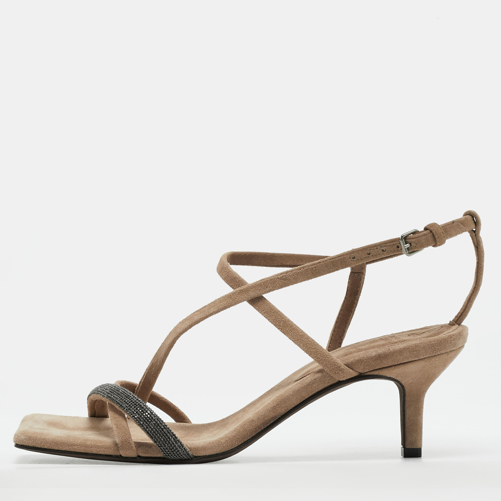 Pre-owned Brunello Cucinelli Monili Size 38 Beige Suede Ankle Strap Sandals