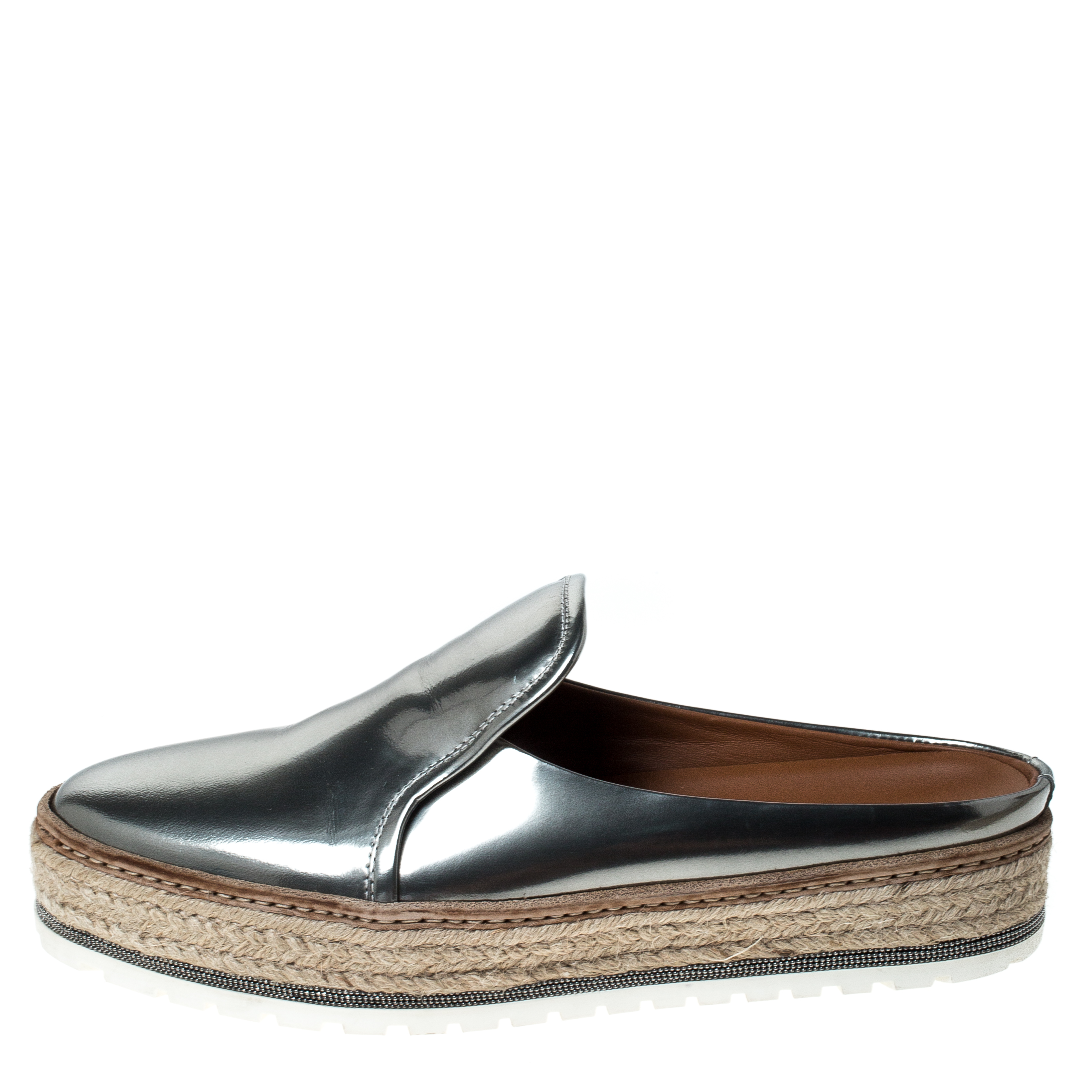 

Brunello Cucinelli Metallic Silver Leather Espadrille Mules Size