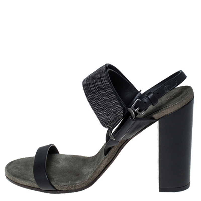 

Brunello Cucinelli Black Leather Bead Detail Ankle Strap Sandals Size