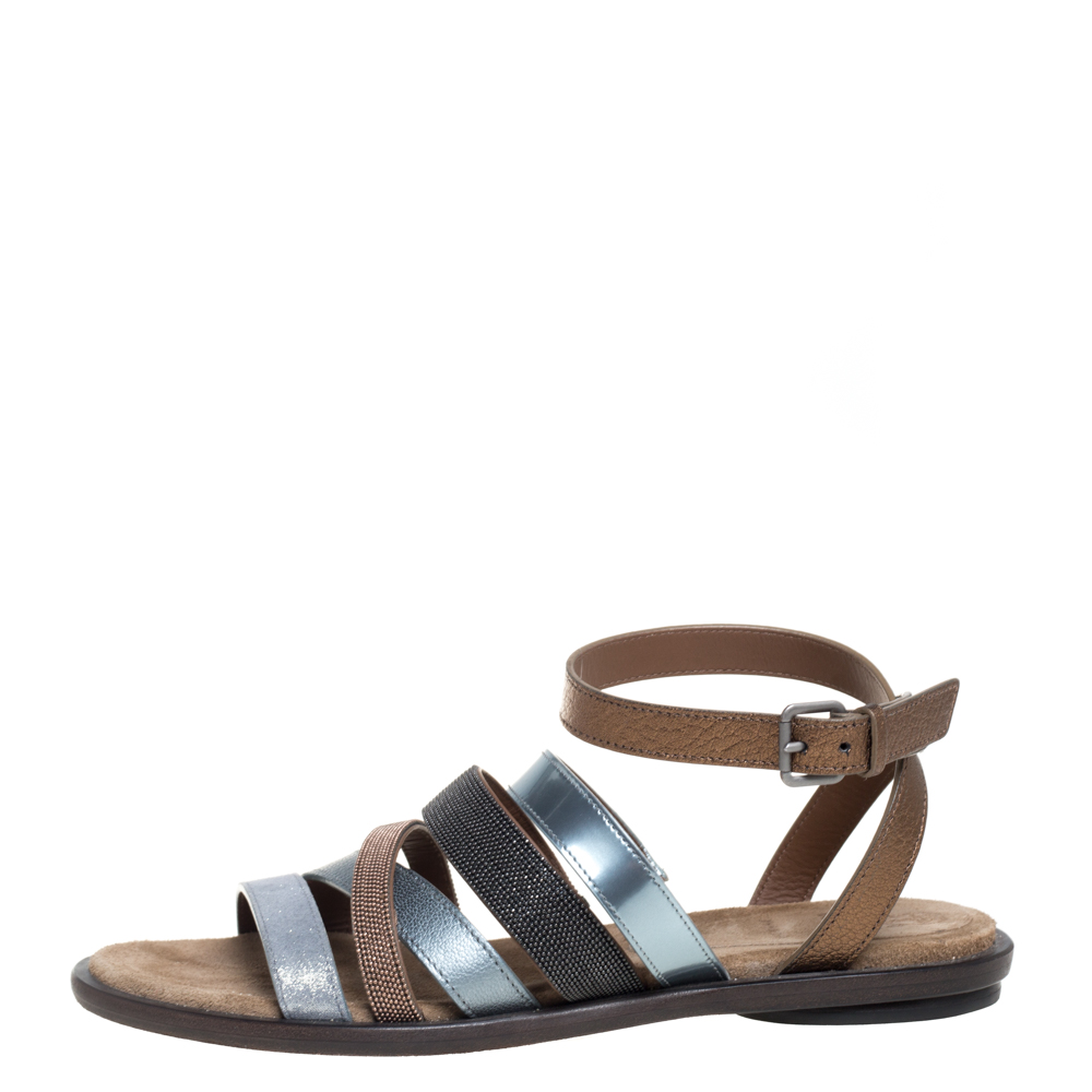 

Brunello Cucinelli Multicolor Leather Embellished Flat Sandals Size