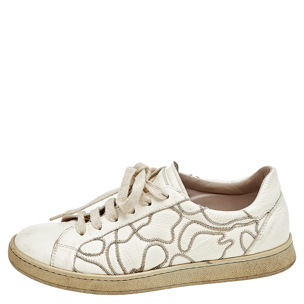 

Brunello Cucinelli White Leather Embroidered Low Top Sneakers Size