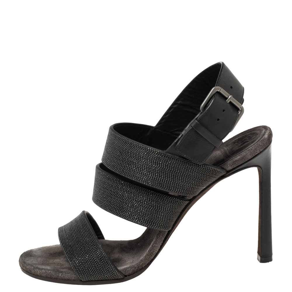 

Brunello Cucinelli Metallic Grey/Black Bead And Leather Strappy Sandals Size